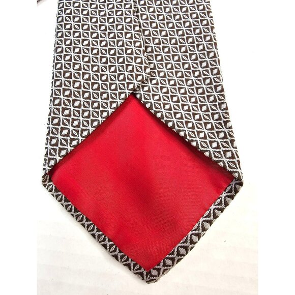 Vintage Lovemans Brown & White Geometric Pattern Necktie Polyester Red Lining - Picture 5 of 7